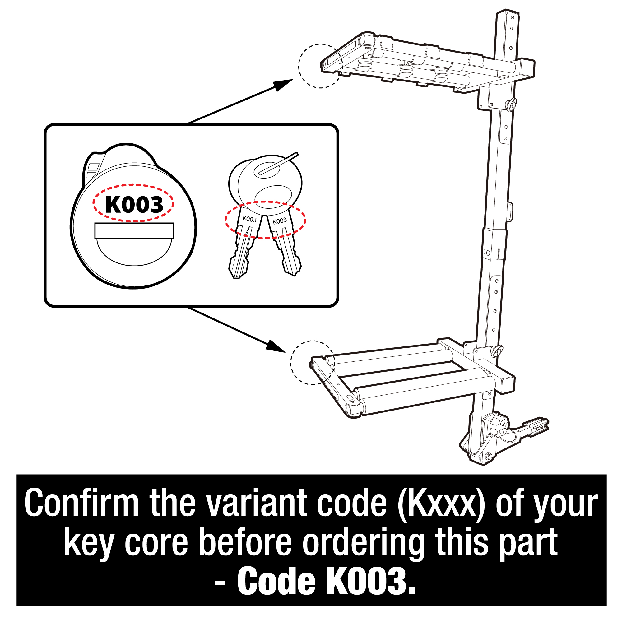 For Hitch Mounted Ski Rack - Key Core Replacement | Variant K003 | SP-RK1B70722