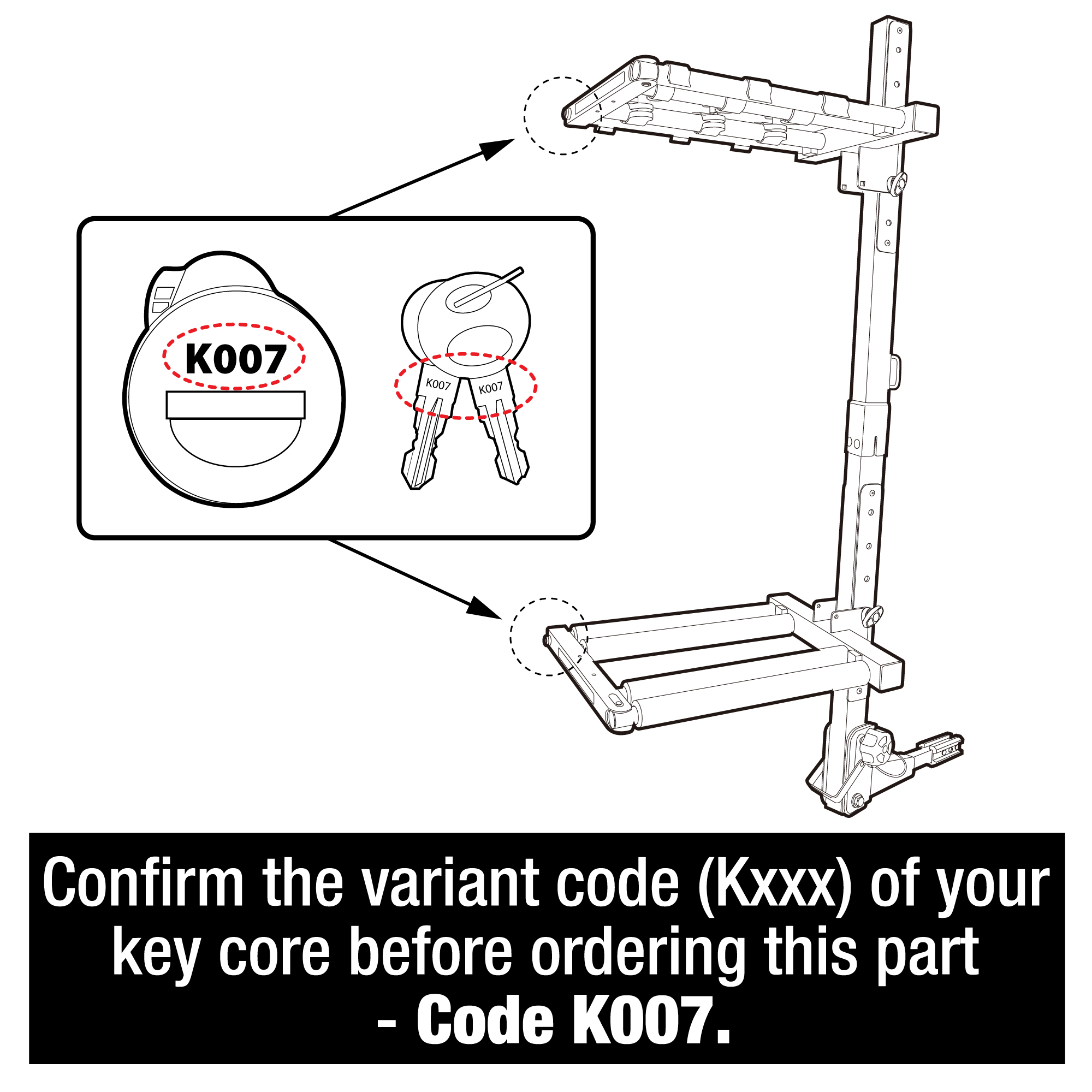 For Hitch Mounted Ski Rack - Key Core Replacement | Variant K007 | SP-RK1B70726
