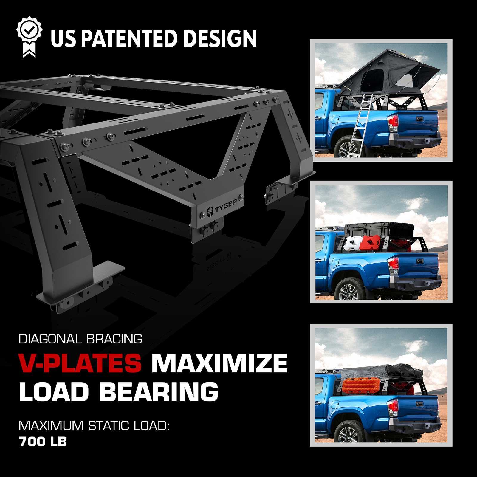 Plate Style Overland Bed Rack Fits Mid-Size Pickup trucks (See Image for Fitment) | TG-BK2U55347