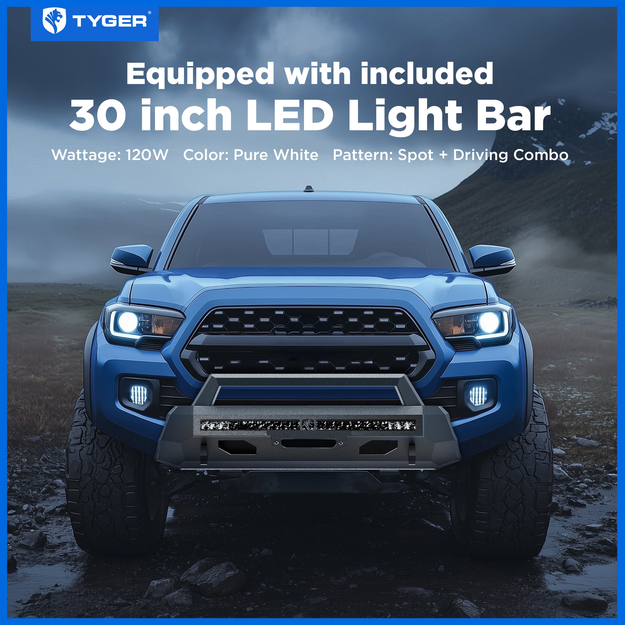 TYGER FURY Center Bumper Guard with Light Fit 2016-2023 Toyota Tacoma | Textured Black TG-BP7T32577
