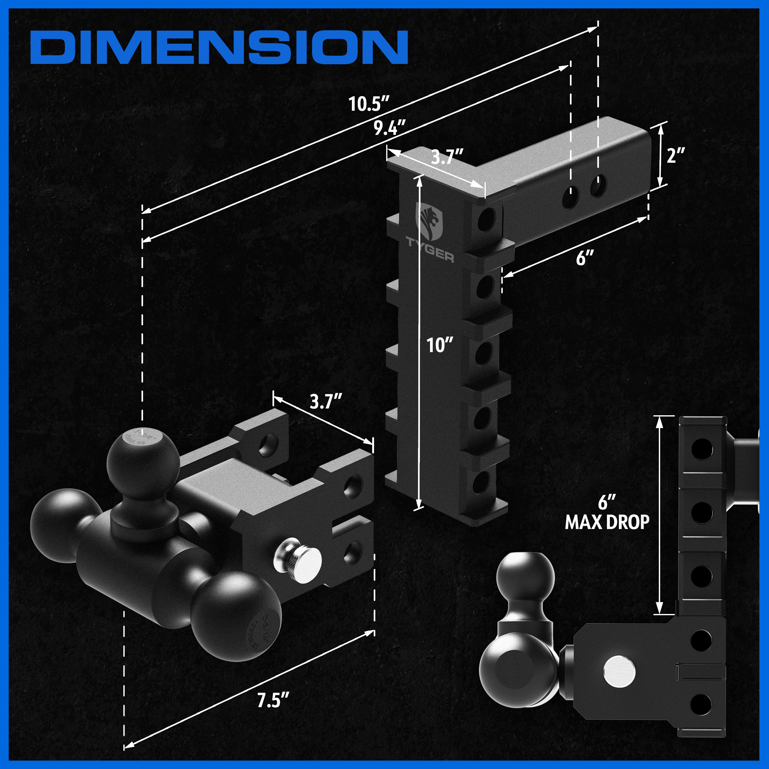 Adjustable Drop Hitch Tri-Ball Mount with 1-7/8