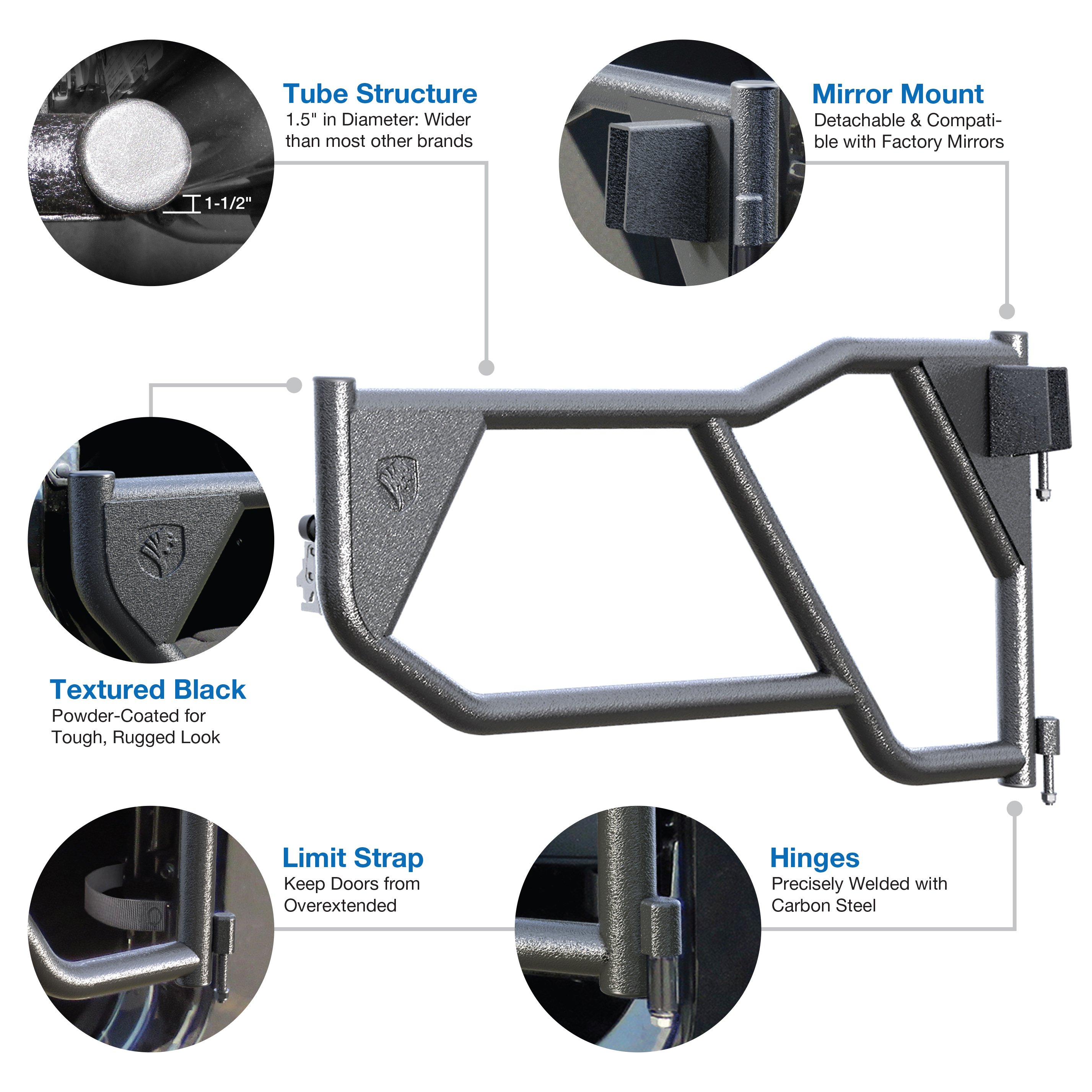 Tubular Doors Fit 2007-2018 Wrangler JK (NOT JL) 4-Doors with Mirror Mount | Front&Rear TG-DR4J62288