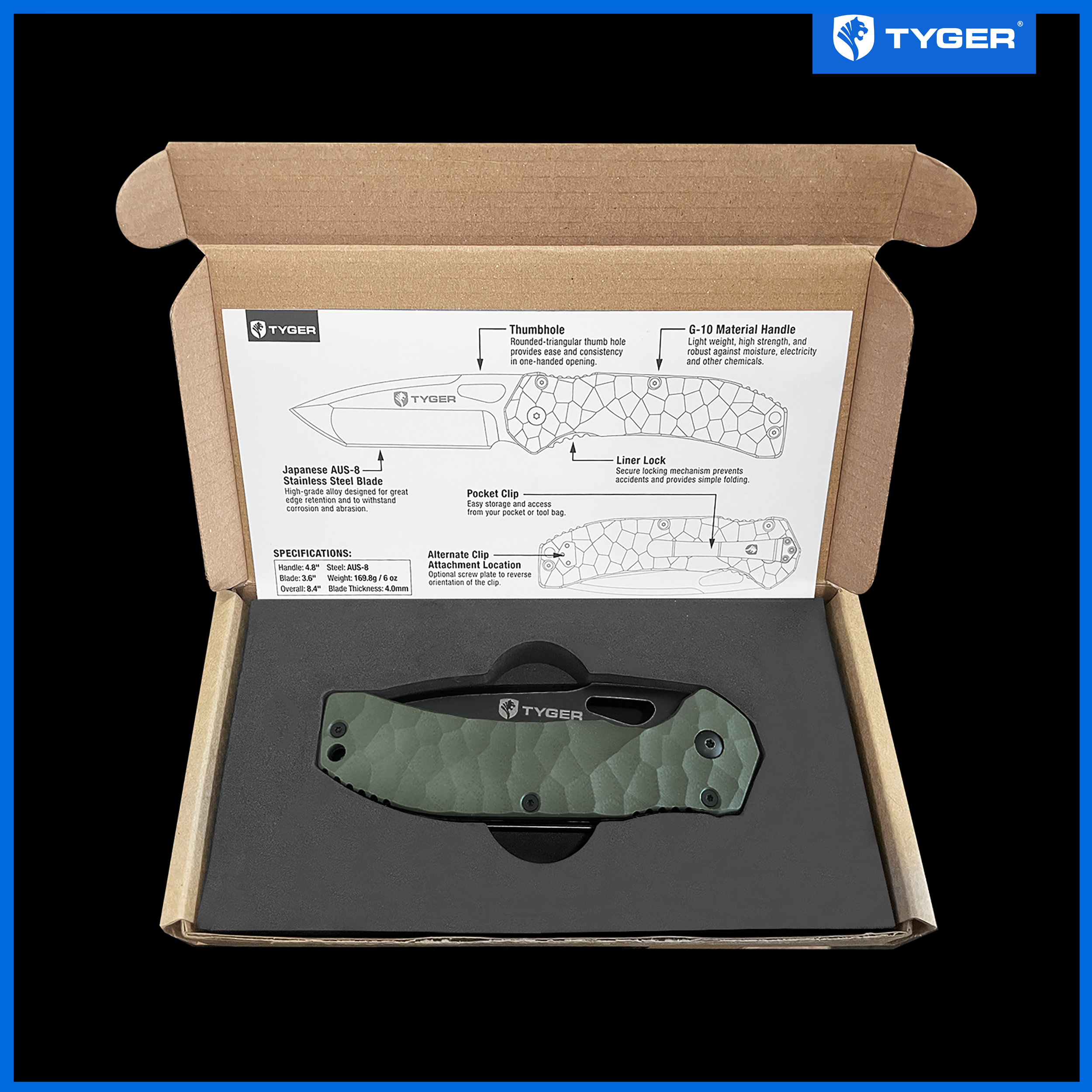 Tyger K4 EDC Folding Pocket Knife | TiC AUS-8 S. Steel Blade | Green G-10 Handle - TG-KF7A2368
