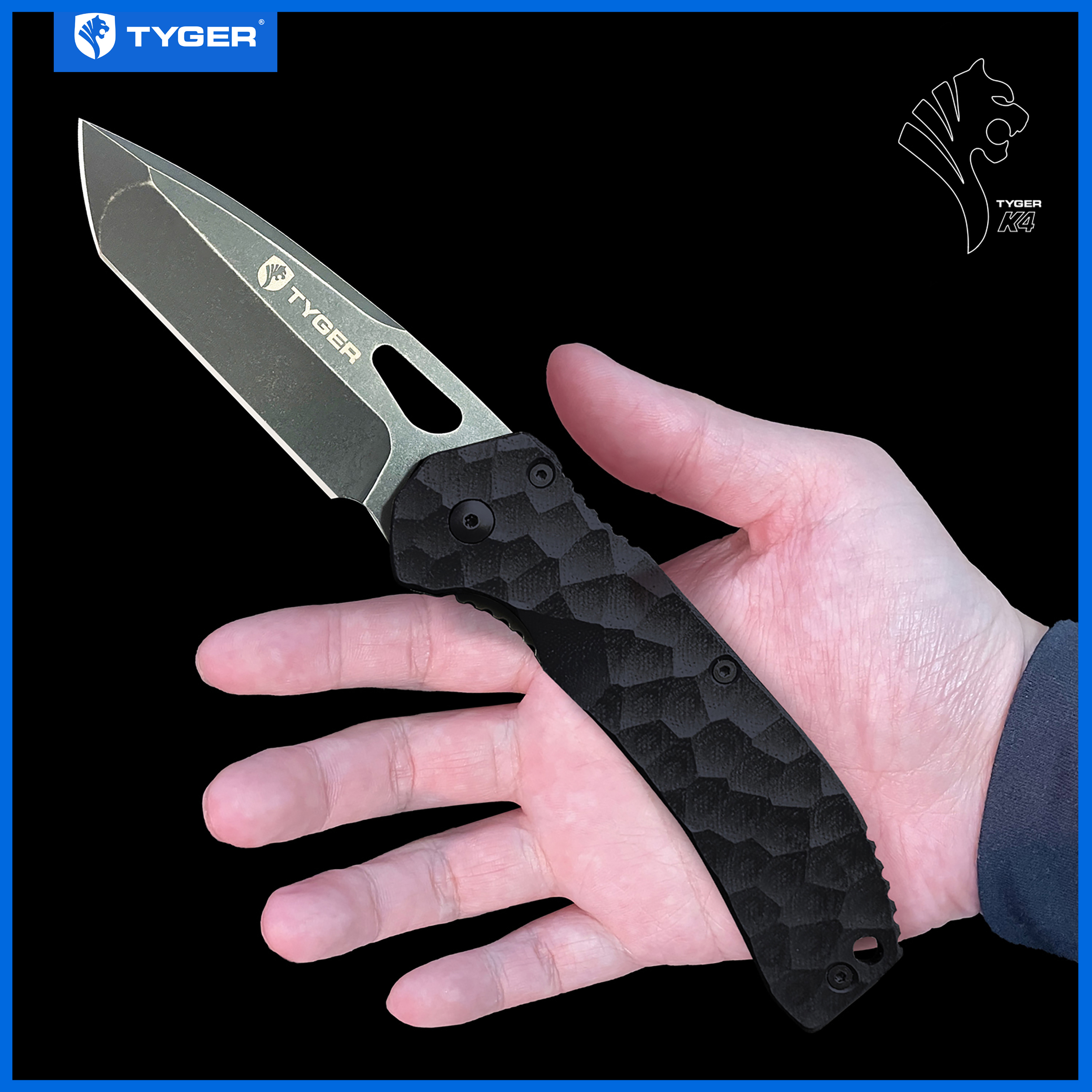 Tyger K4 EDC Folding Pocket Knife | TiC AUS-8 S. Steel Blade | Black G-10 Handle - TG-KF7A2858