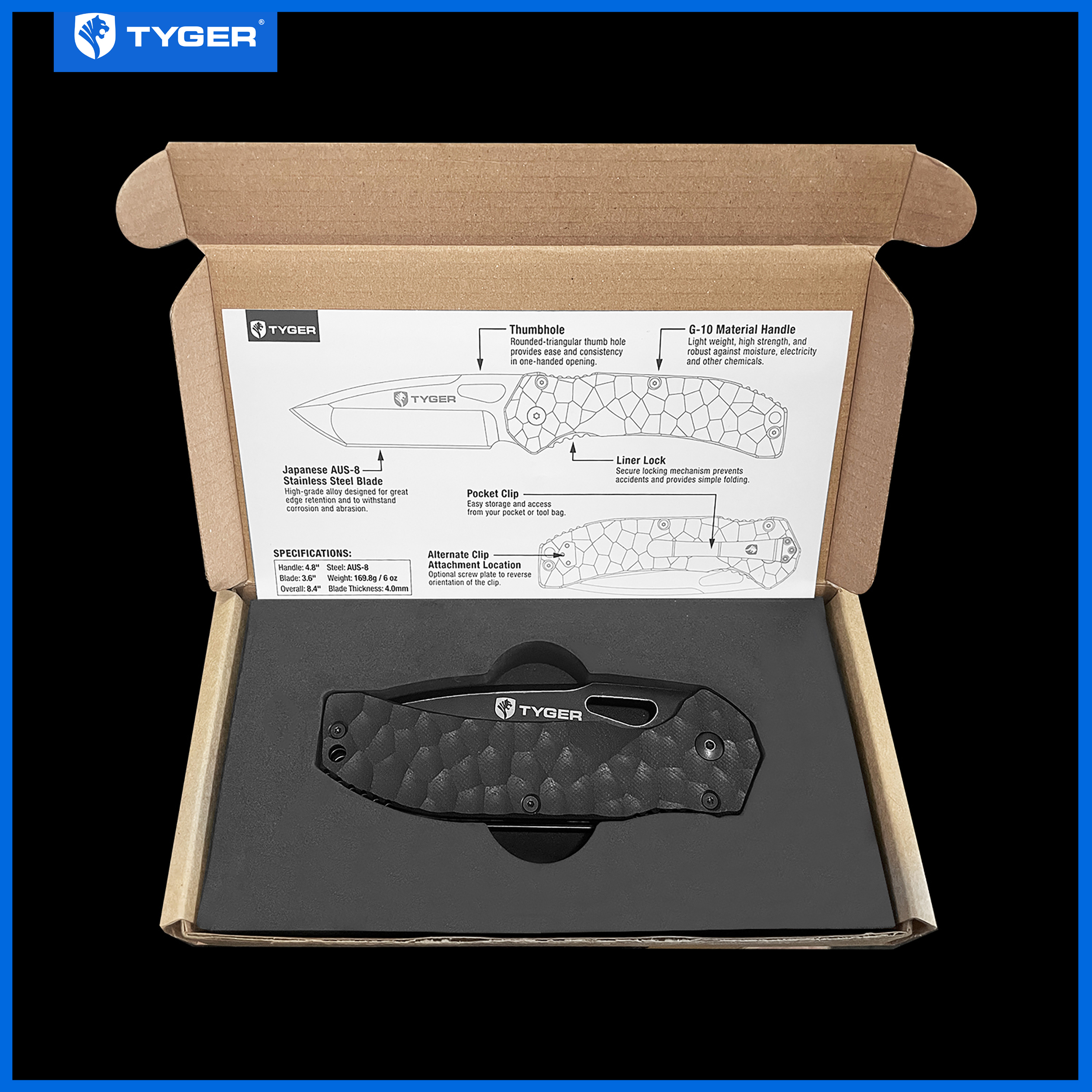 Tyger K4 EDC Folding Pocket Knife | TiC AUS-8 S. Steel Blade | Black G-10 Handle - TG-KF7A2858