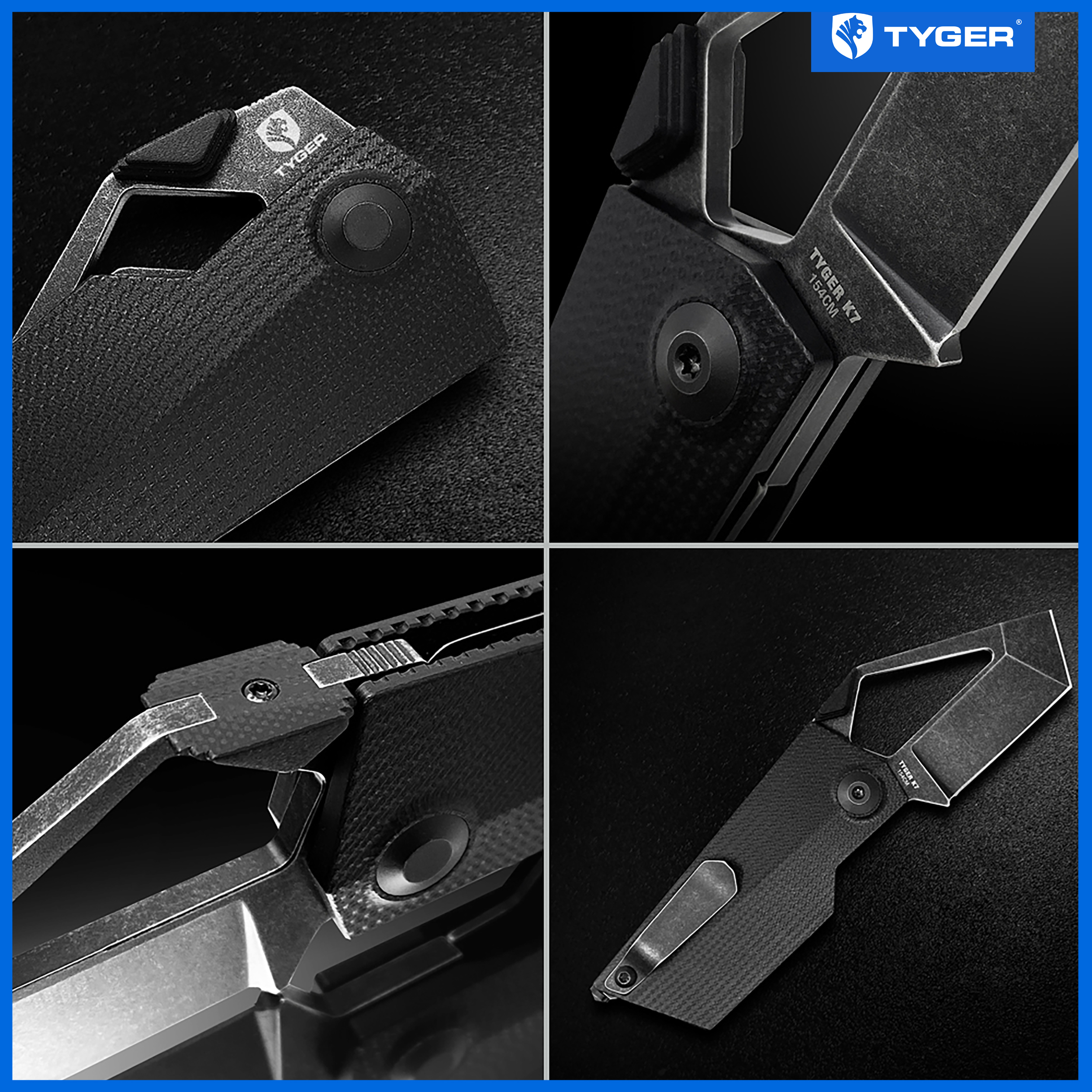 Tyger K7 EDC Folding Pocket Knife | Black 154CM Steel Blade | G-10 Handle - TG-KF9C2898