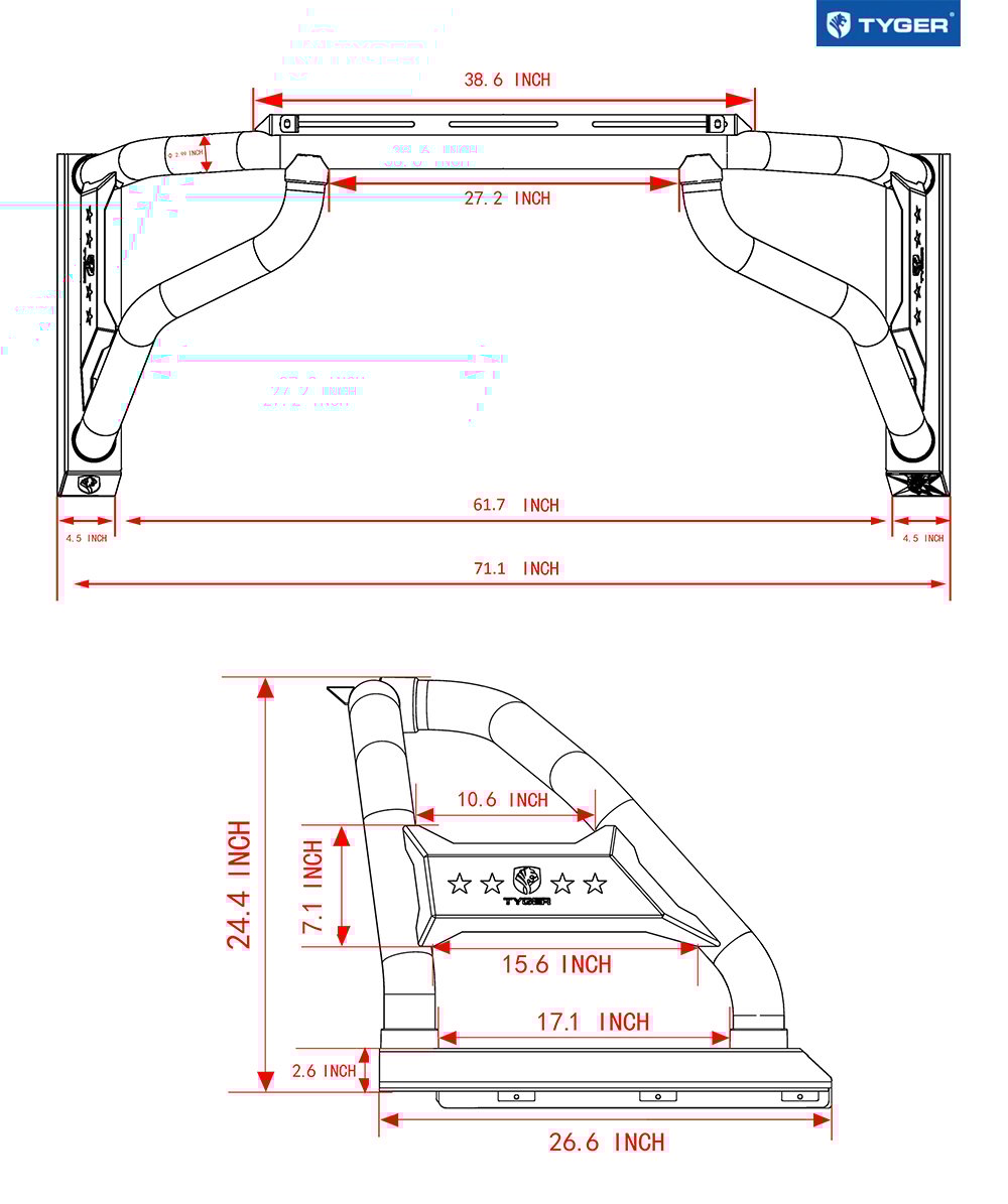 TYGER Sport Bar fit 02-18 Ram 1500 5.5' Bed; 04-25 F150; 07-21 Tundra