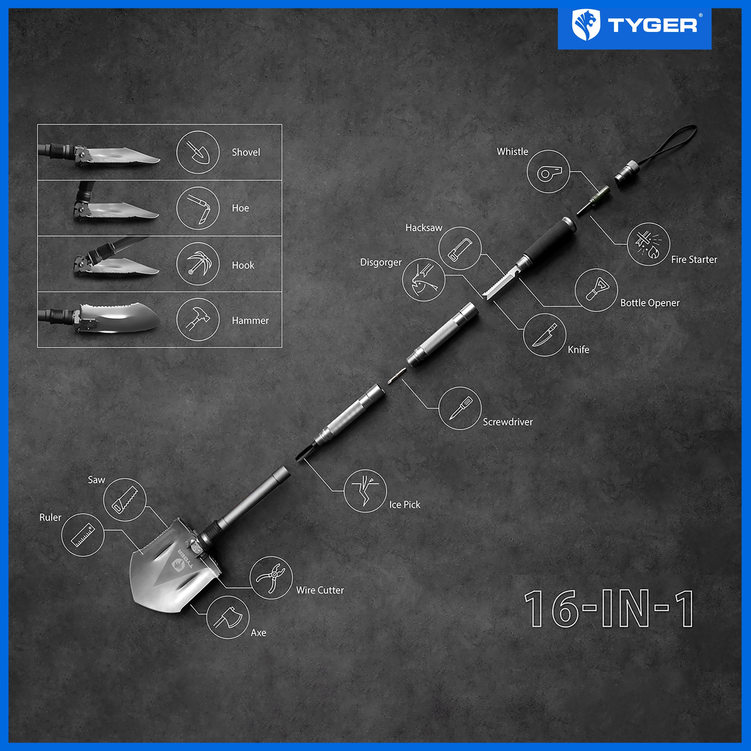16-in-1 Multifunctional Shovel for Off-Roading, Camping, Outdoor, Survival and Emergency TG-SV8U3217
